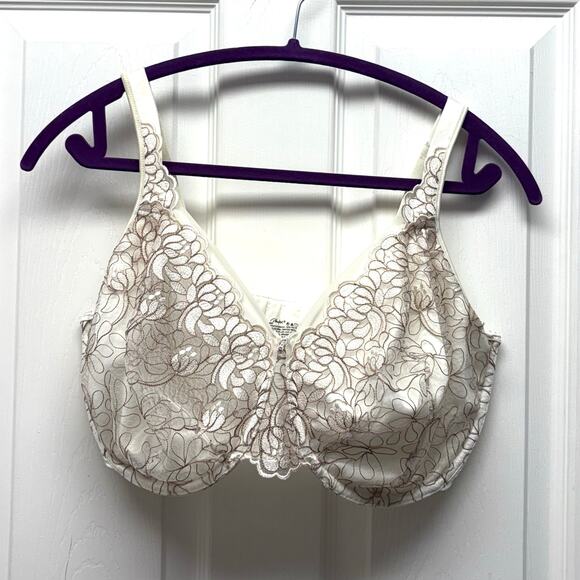 Playtex Cream Lined Lace Bra, Floral Embroidery, 4 Hook, Women's Size 40DDD - Picture 1 of 5